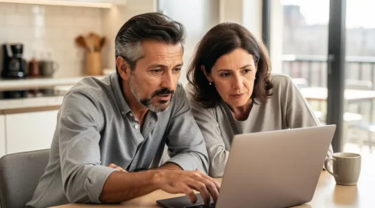Couple français analysant une offre de crédit immobilier sur ordinateur dans leur cuisine