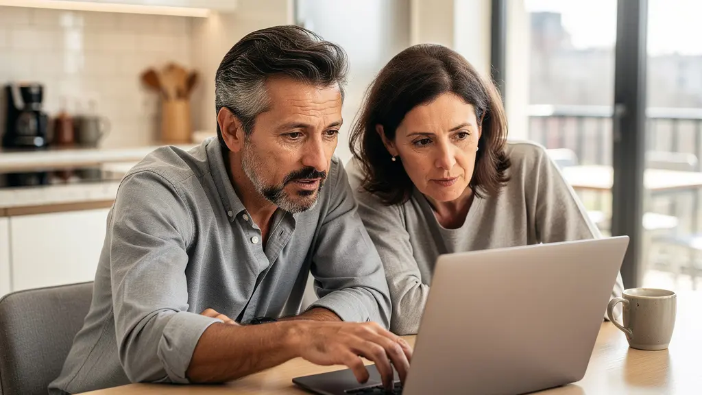 Couple français analysant une offre de crédit immobilier sur ordinateur dans leur cuisine