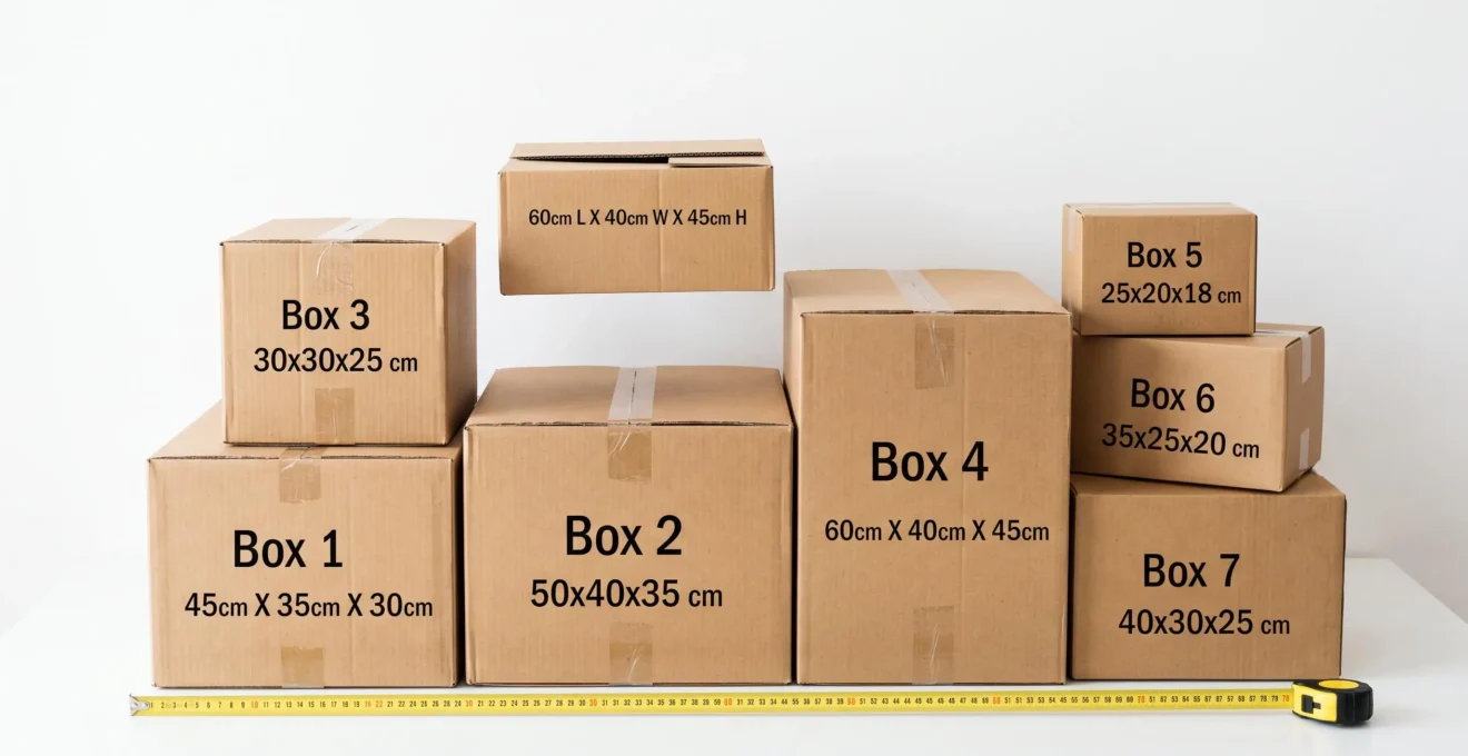 Cartons de déménagement de différentes tailles disposés avec un mètre ruban montrant leurs dimensions standards