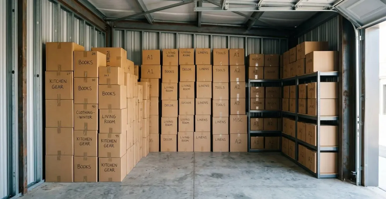 Intérieur d'un box de stockage moderne avec des cartons de déménagement empilés de façon optimisée, éclairage naturel