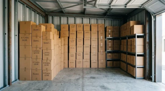 Intérieur d'un box de stockage moderne avec des cartons de déménagement empilés de façon optimisée, éclairage naturel