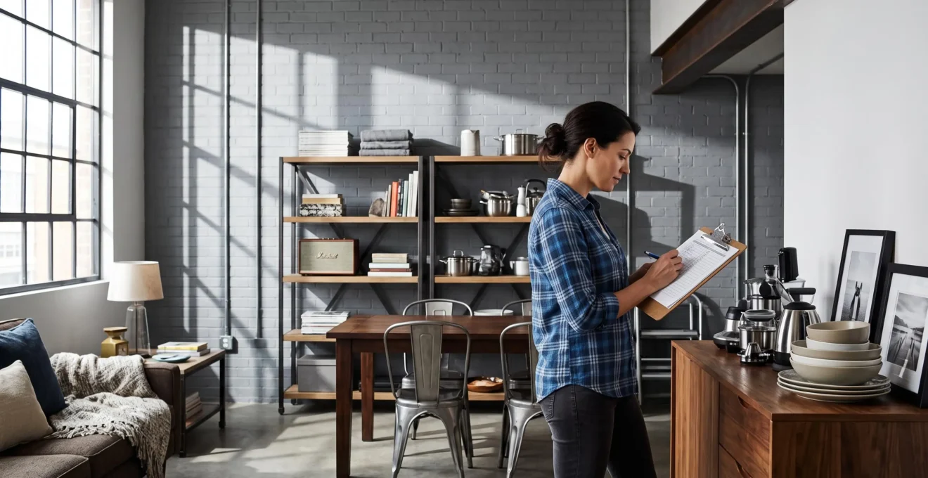Personne effectuant un inventaire méthodique de ses affaires avec une checklist dans un appartement contemporain